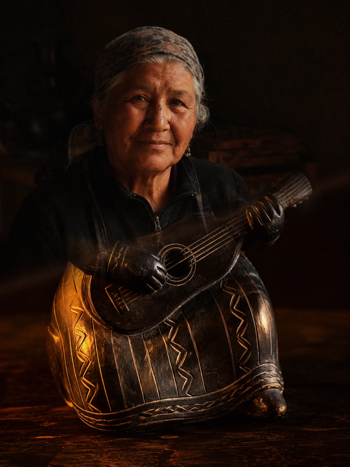 Retrato de Rosa Amelia sobre la guitarrera de greda negra bruñida de Quinchamalí