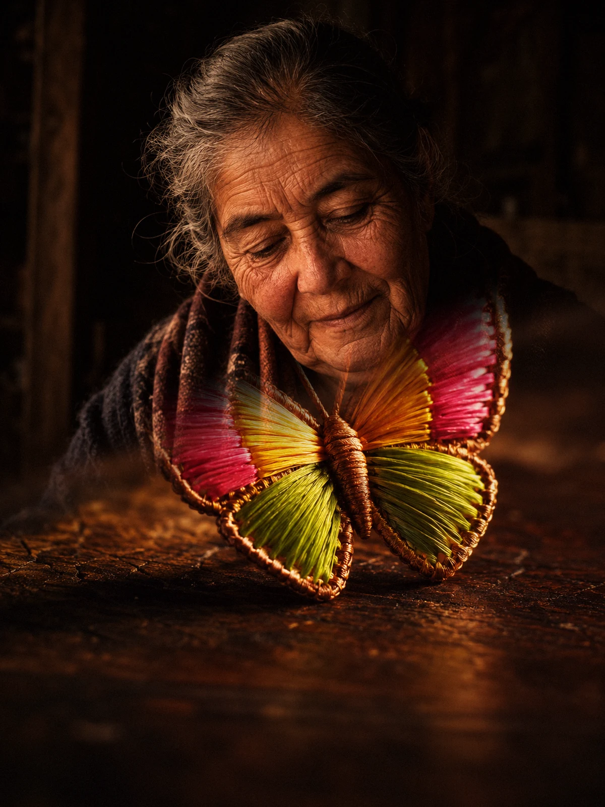 Retrato de Clarisa sobre una mariposa de crin tejida en colores vivos