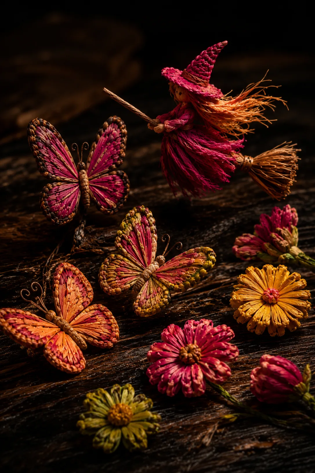 Mariposas y una brujita diminutas tejidas en crin de colores vivos