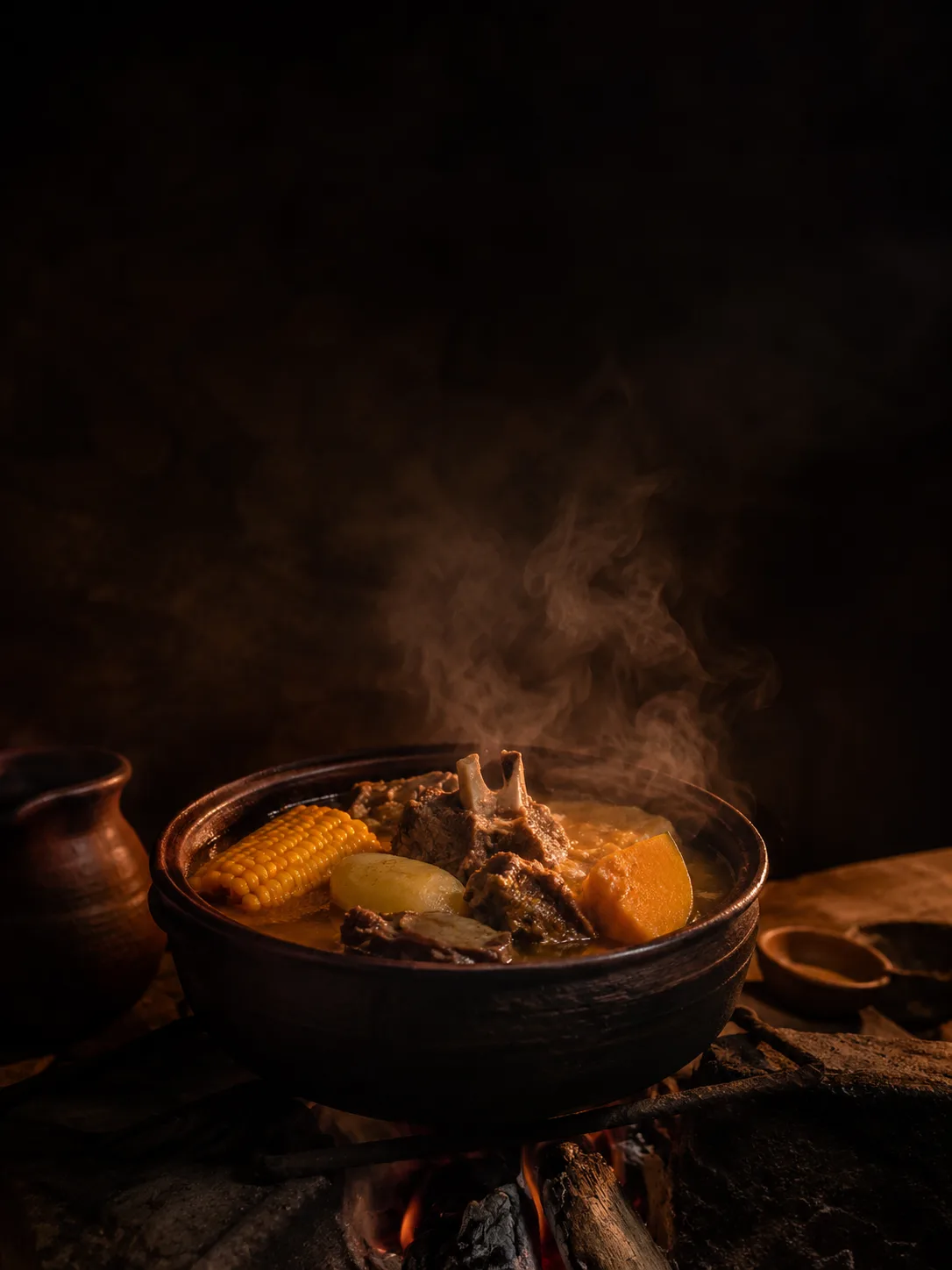 Cazuela de campo humeante servida en un plato de greda