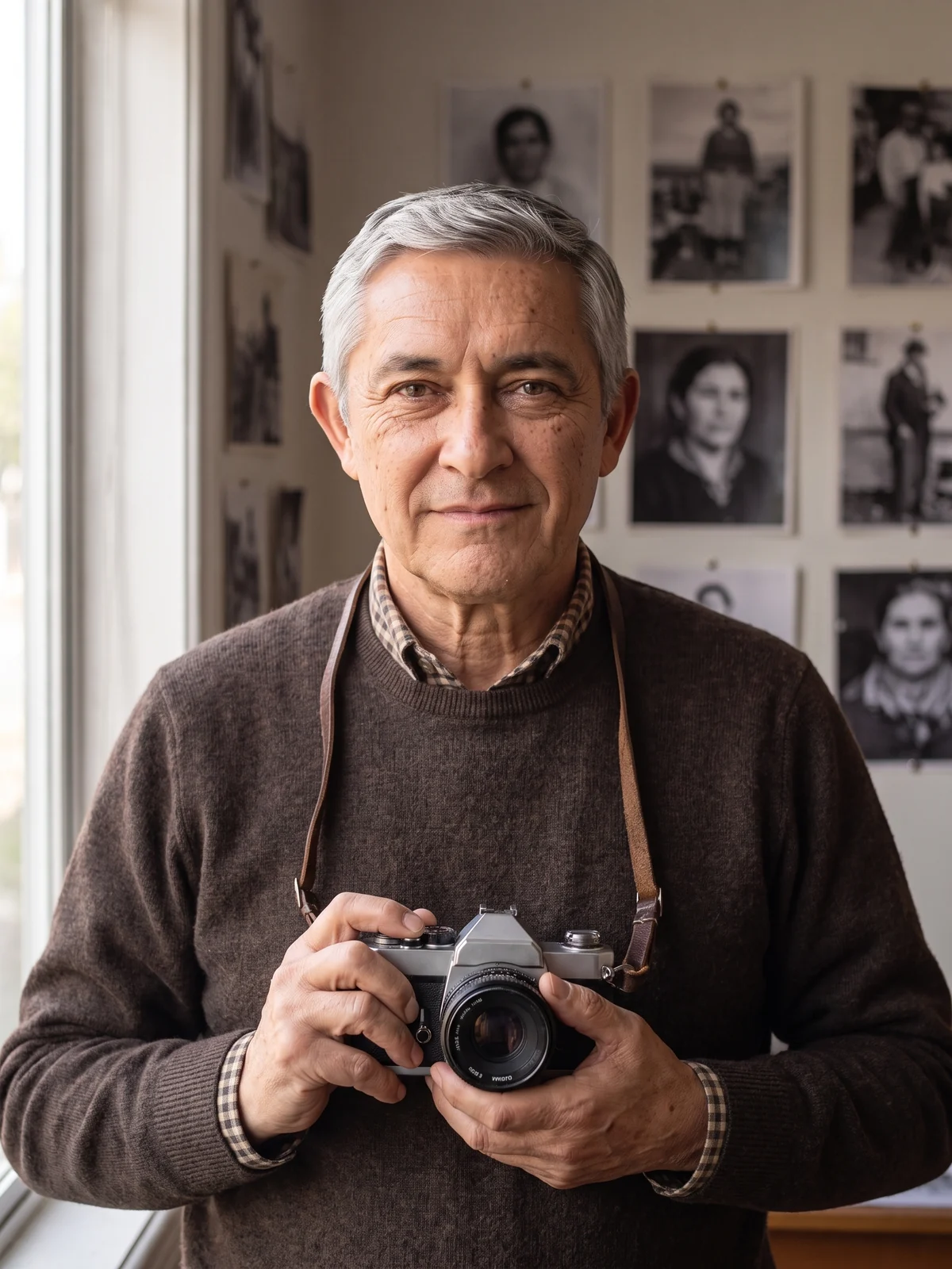 Luis Arenas en su estudio con una cámara de rollo en las manos, frente a retratos en blanco y negro