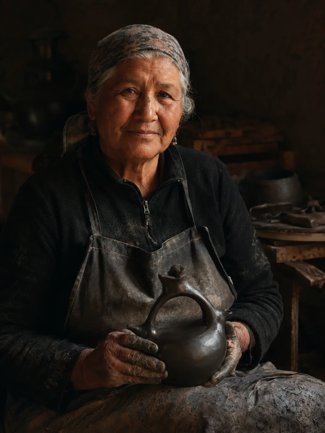 Retrato de Rosa Amelia, locera de Quinchamalí, con una pieza de greda negra