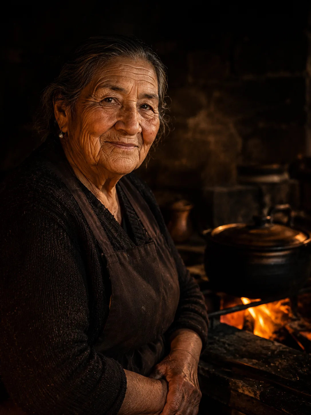 Retrato de Rosa Elena, cocinera de campo, junto a la cocina a leña